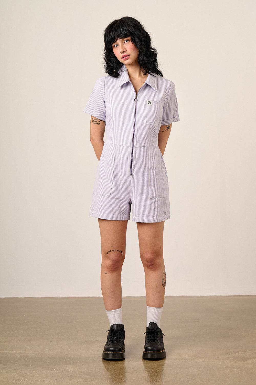 Riley - Short Sleeve Playsuit Organic Cotton Twill in Lilac Hickory Stripe