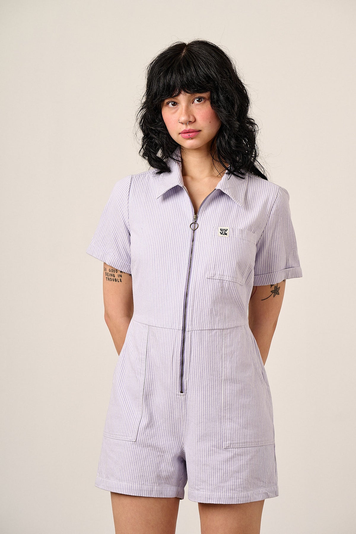 Riley - Short Sleeve Playsuit Organic Cotton Twill in Lilac Hickory Stripe