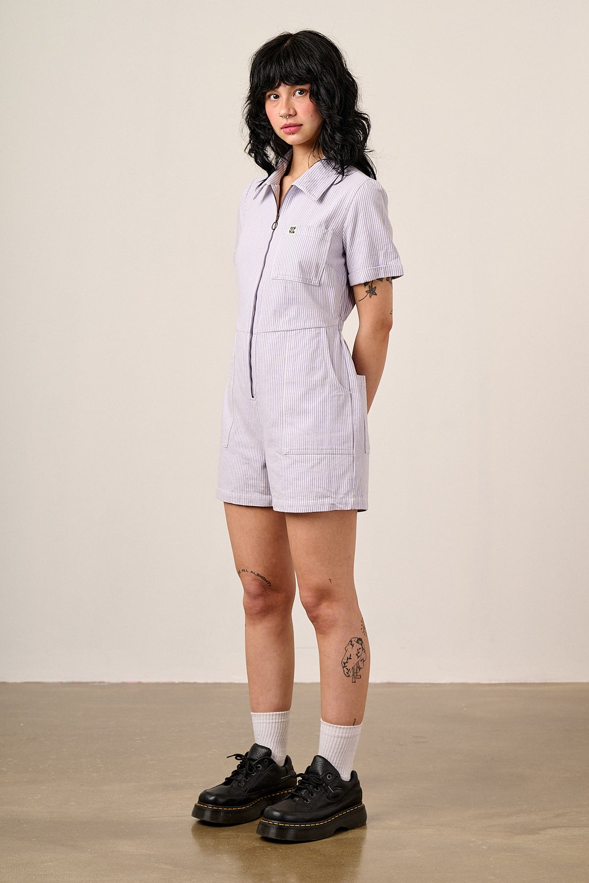 Riley - Short Sleeve Playsuit Organic Cotton Twill in Lilac Hickory Stripe