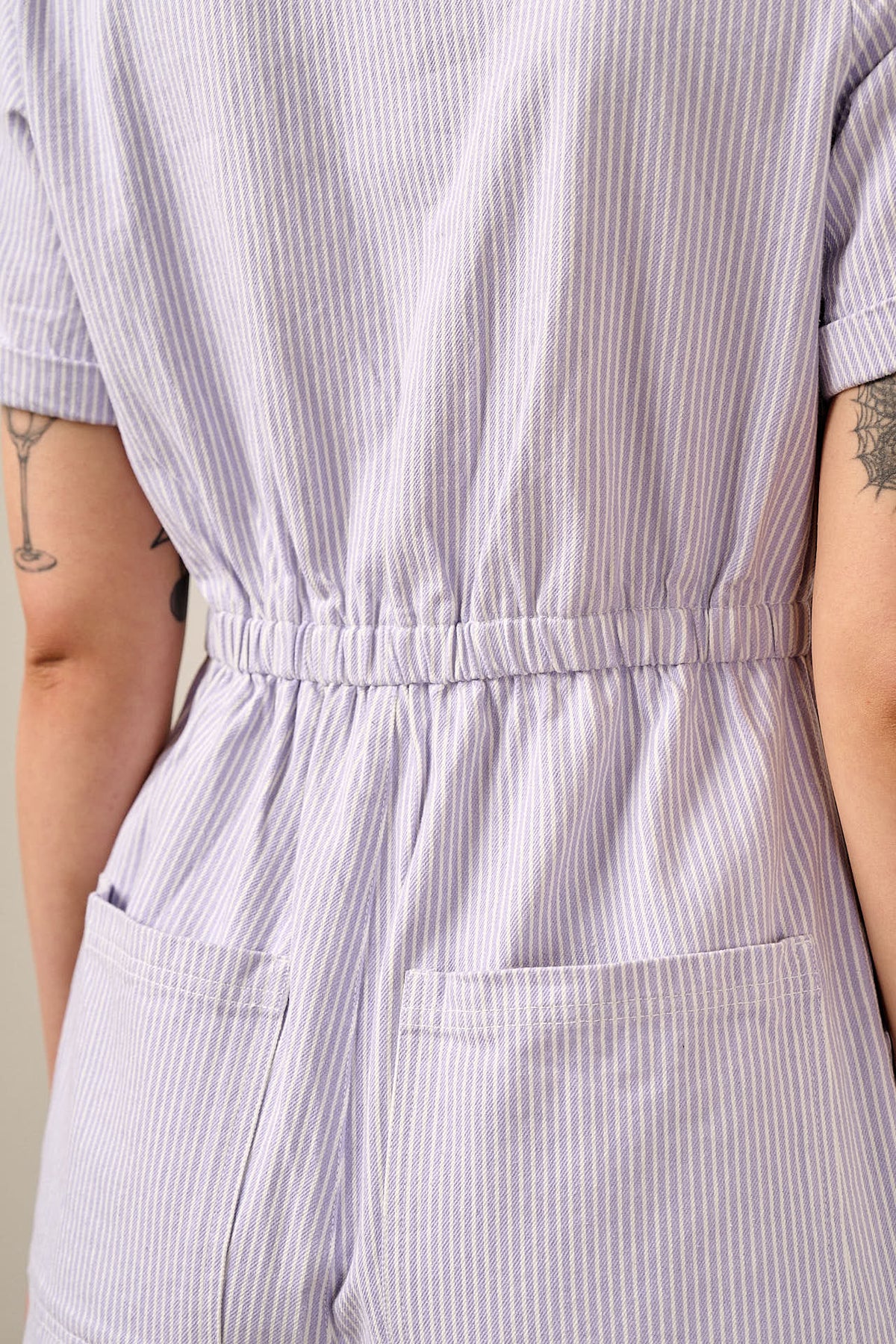 Riley - Short Sleeve Playsuit Organic Cotton Twill in Lilac Hickory Stripe