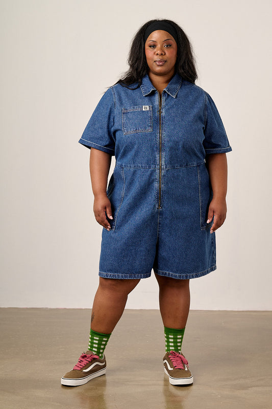 Riley - Short Sleeve Playsuit Organic Cotton Denim in Mid Wash Blue