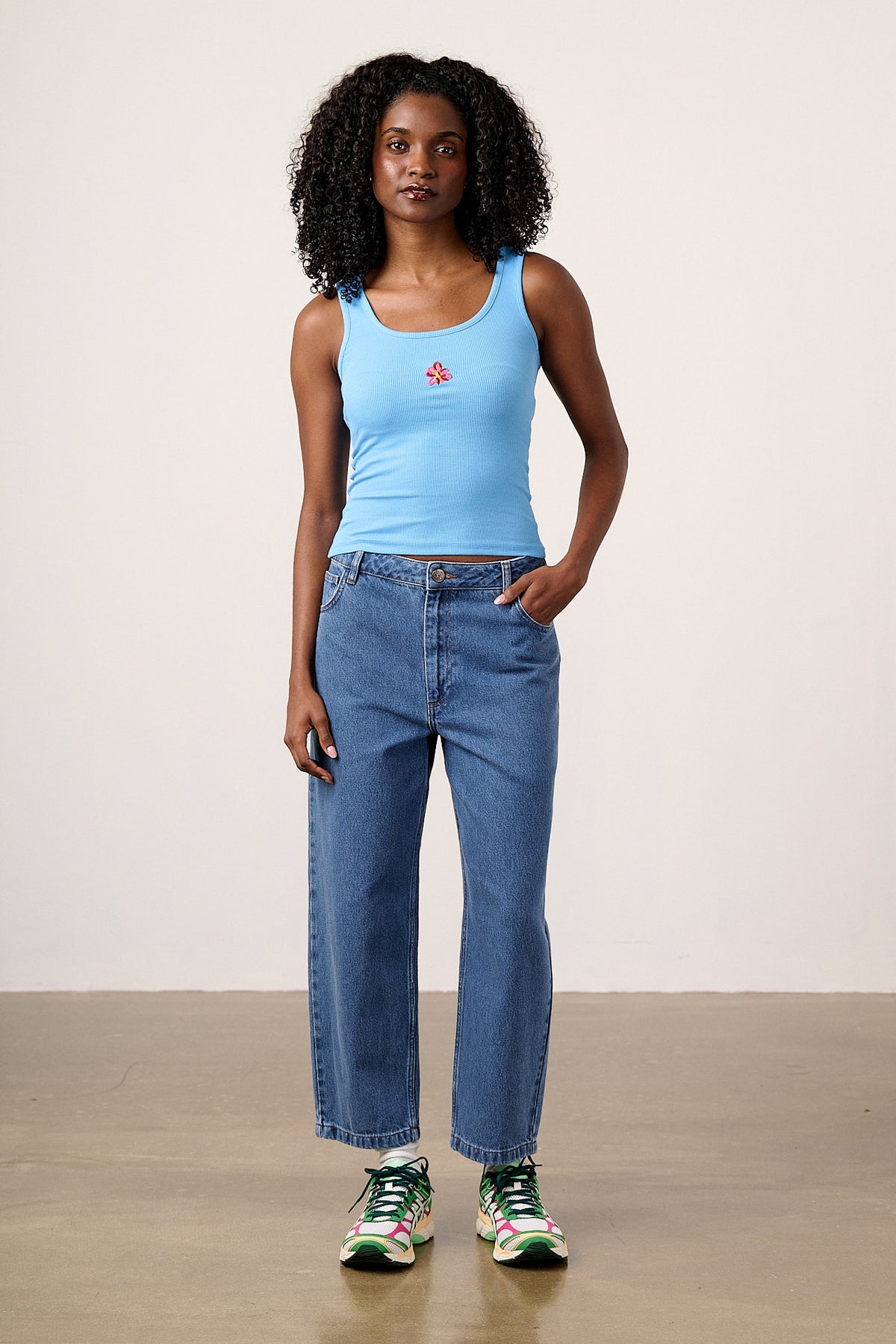 Romy - Scoop Neck Vest Organic Cotton in Blue with Flower Embroidery