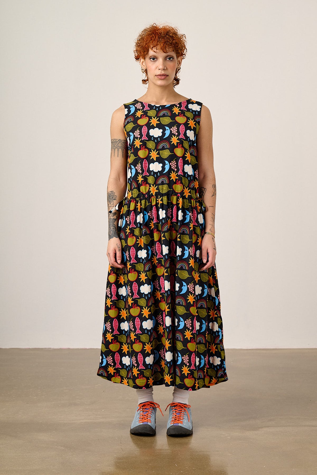 Sacha - Drop Waist Midi Dress Ecovero Viscose Blend in Naive Shapes Print