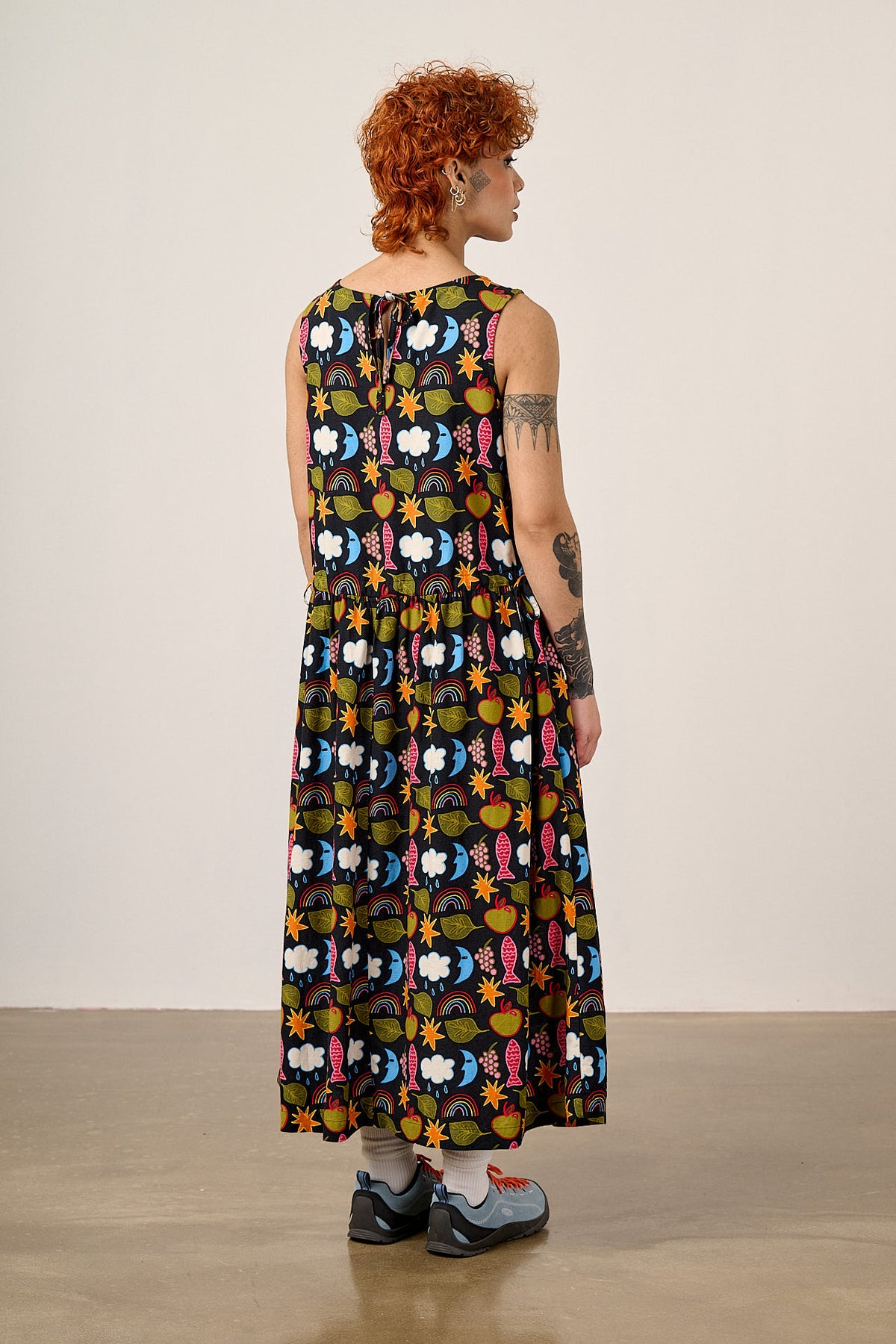Sacha - Drop Waist Midi Dress Ecovero Viscose Blend in Naive Shapes Print