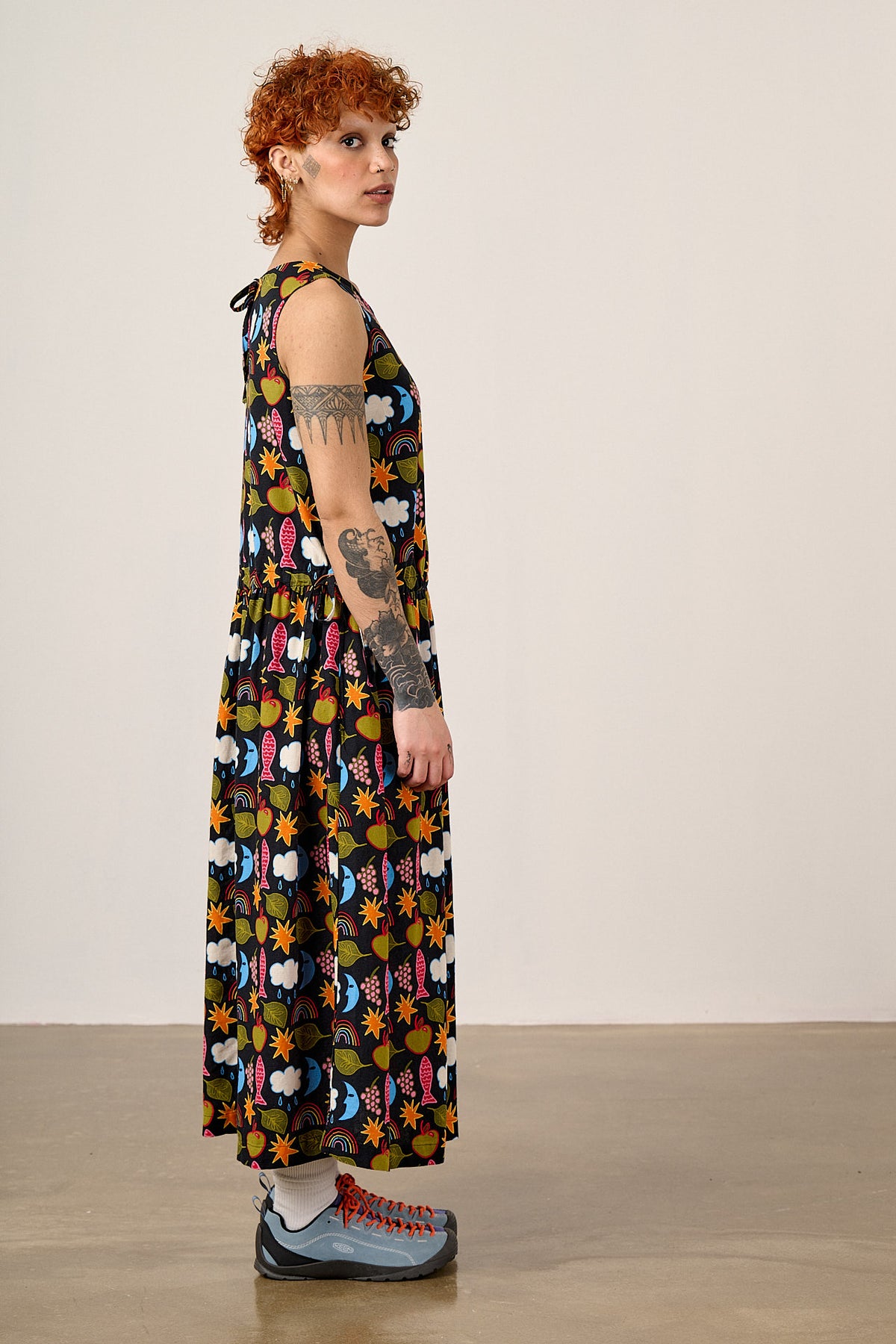 Sacha - Drop Waist Midi Dress Ecovero Viscose Blend in Naive Shapes Print