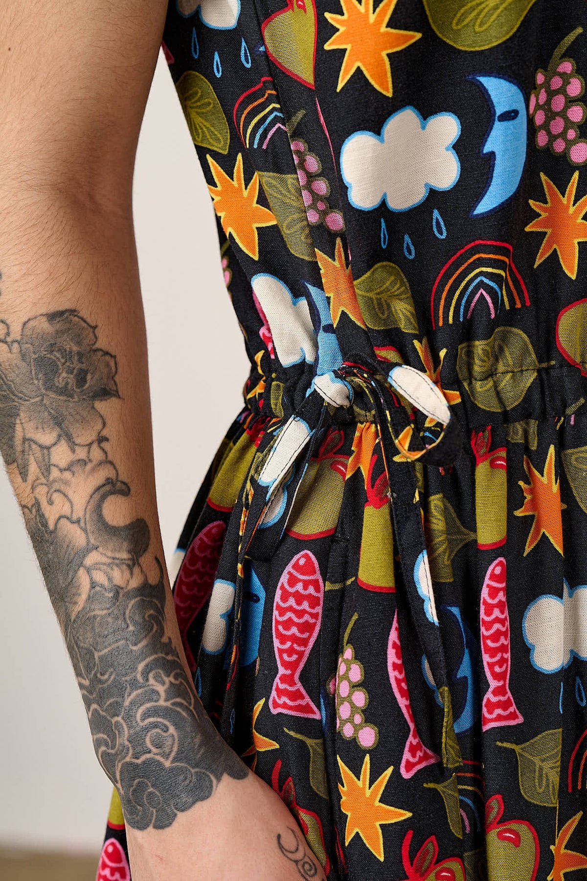 Sacha - Drop Waist Midi Dress Ecovero Viscose Blend in Naive Shapes Print