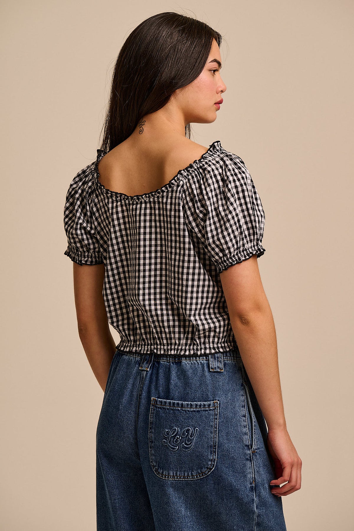 Sage - Puff Sleeve Blouse Organic Cotton in Black & White Gingham