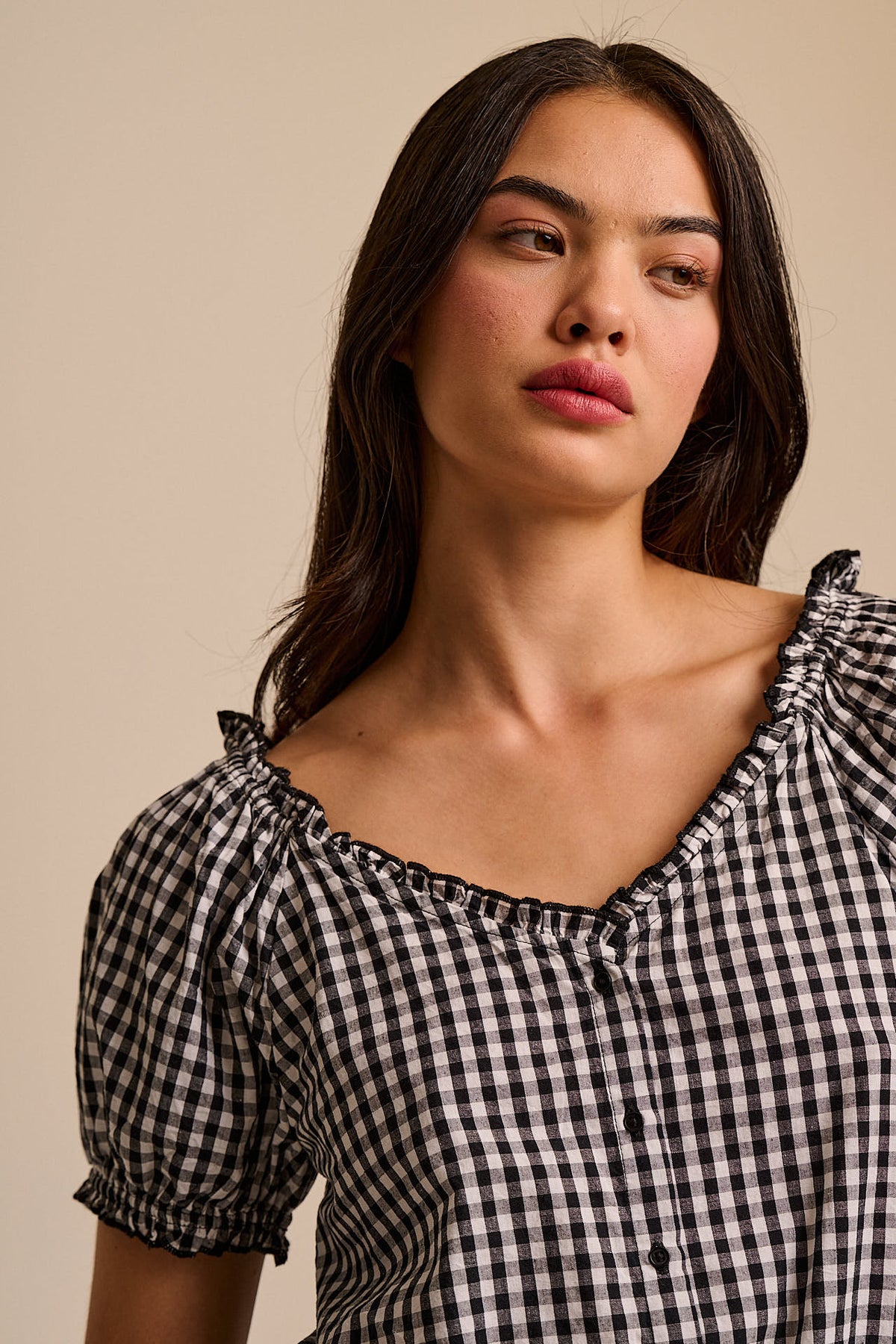 Sage - Puff Sleeve Blouse Organic Cotton in Black & White Gingham