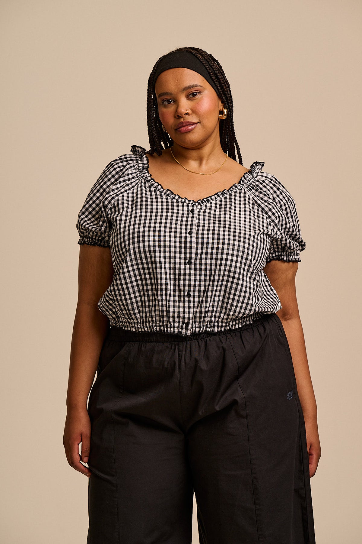 Sage - Puff Sleeve Blouse Organic Cotton in Black & White Gingham