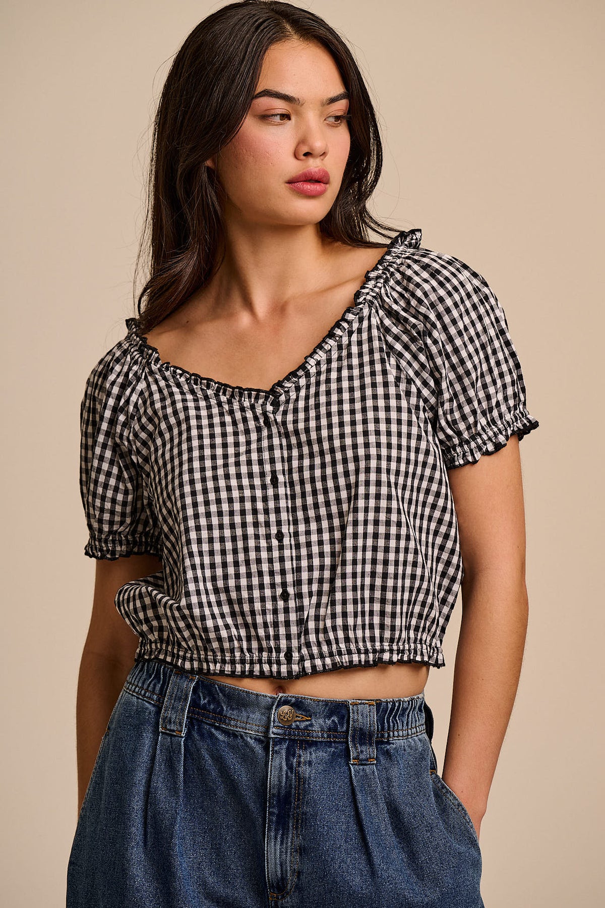 Sage - Puff Sleeve Blouse Organic Cotton in Black & White Gingham