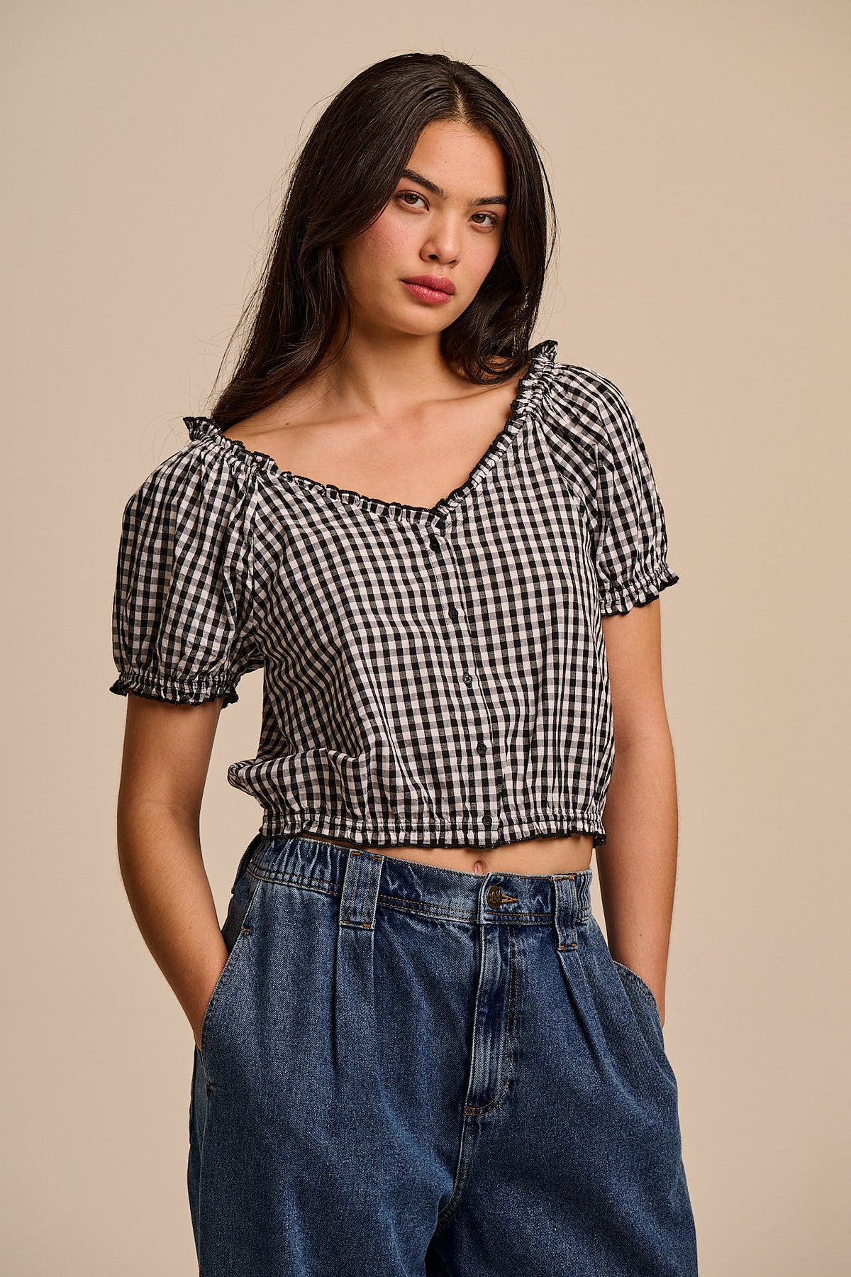 Sage - Puff Sleeve Blouse Organic Cotton in Black & White Gingham