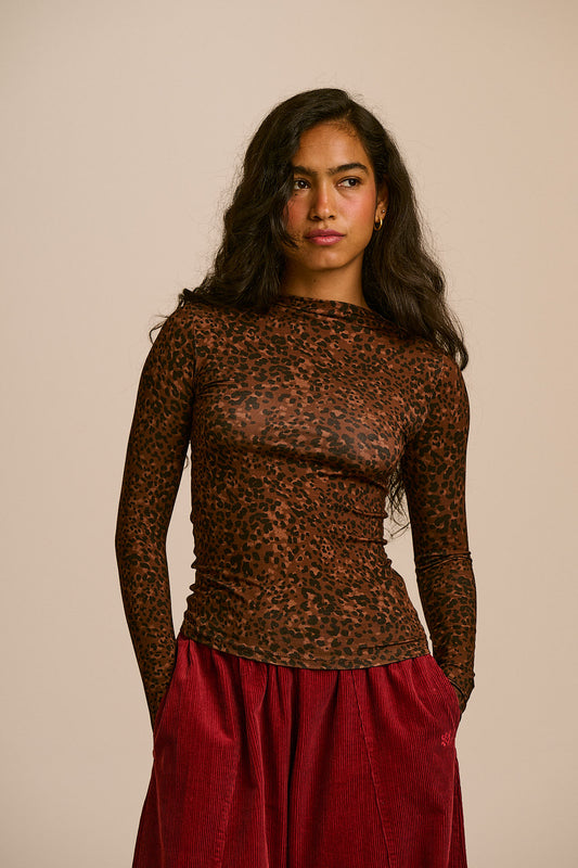 Sara - Long Sleeve Mock Neck Top Viscose in Animal