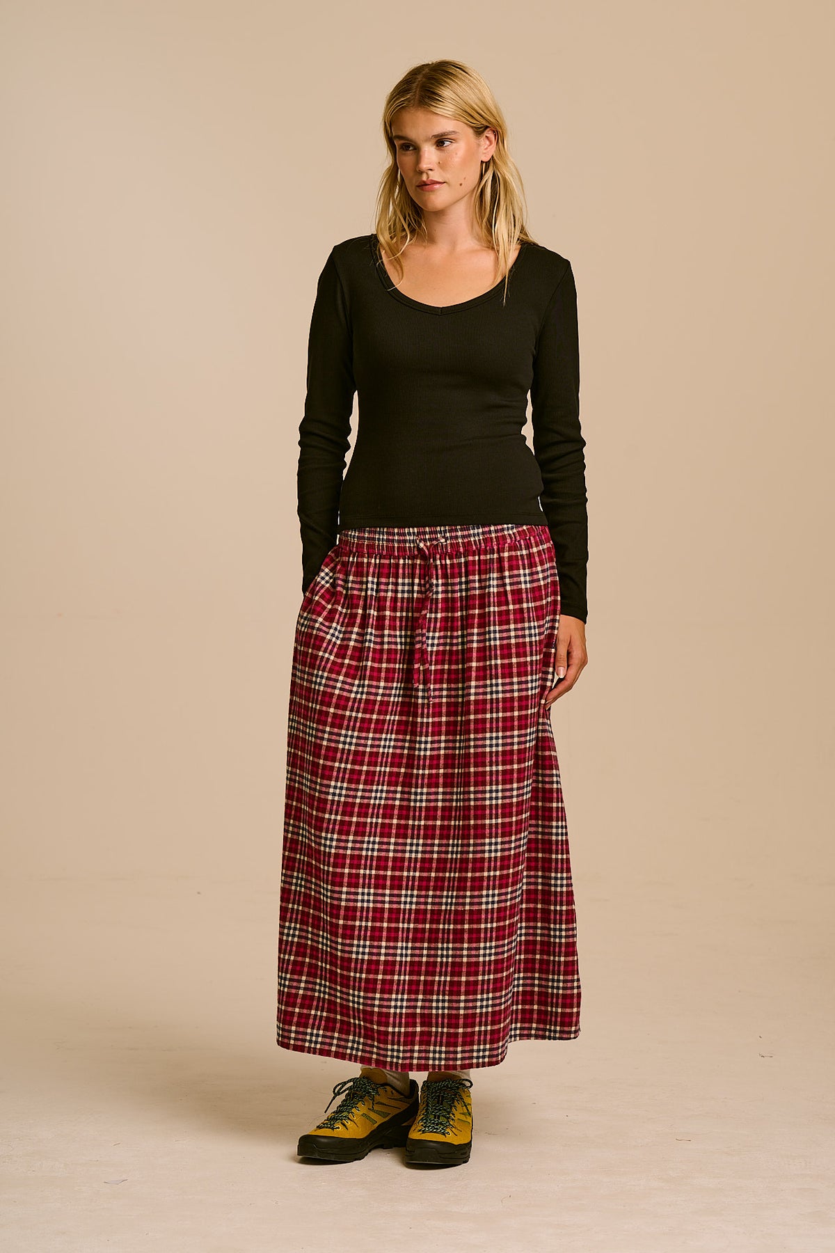 Clara - A-Line Midi Skirt Organic Brushed Cotton in Red Ahoy Check