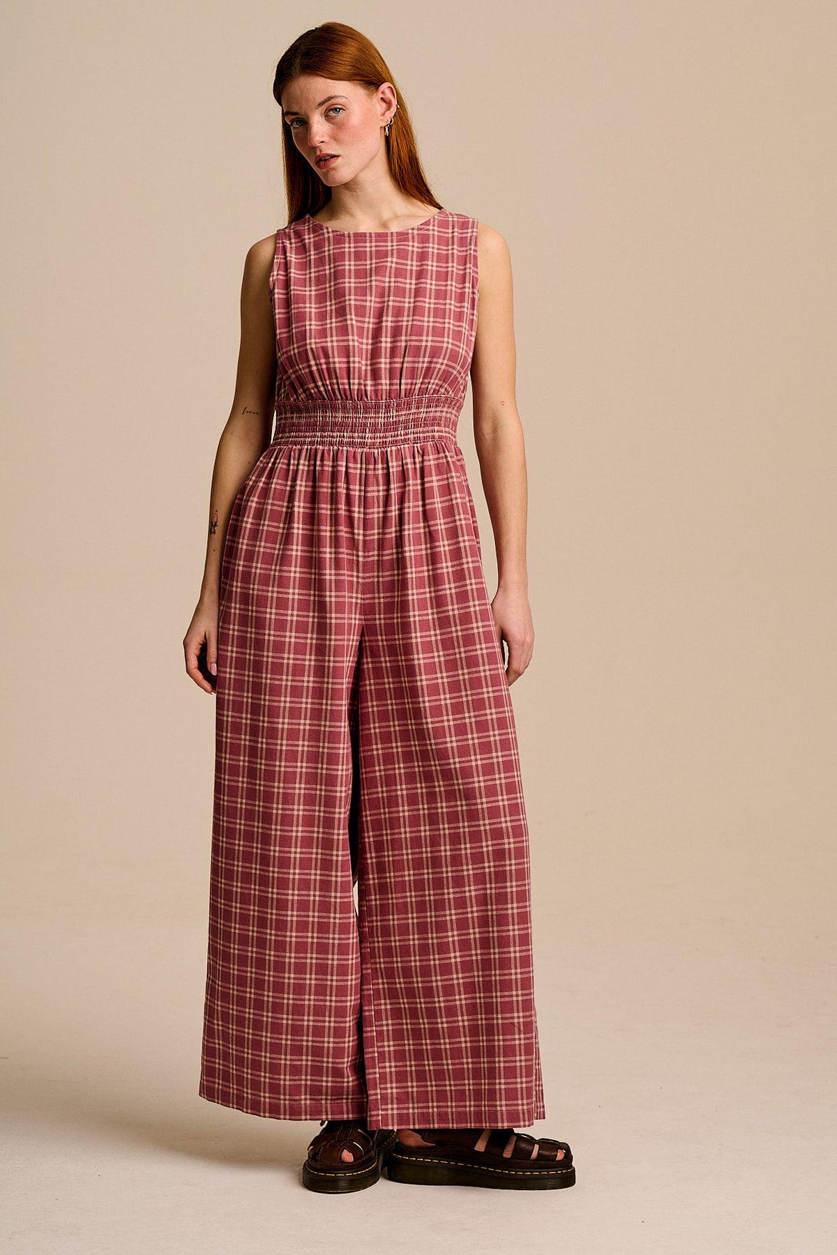 Simone - Wide Leg Jumpsuit Organic Cotton in Maroon Deco Rose Check