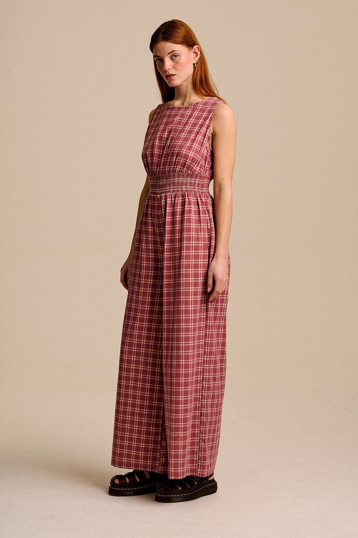 Simone - Wide Leg Jumpsuit Organic Cotton in Maroon Deco Rose Check