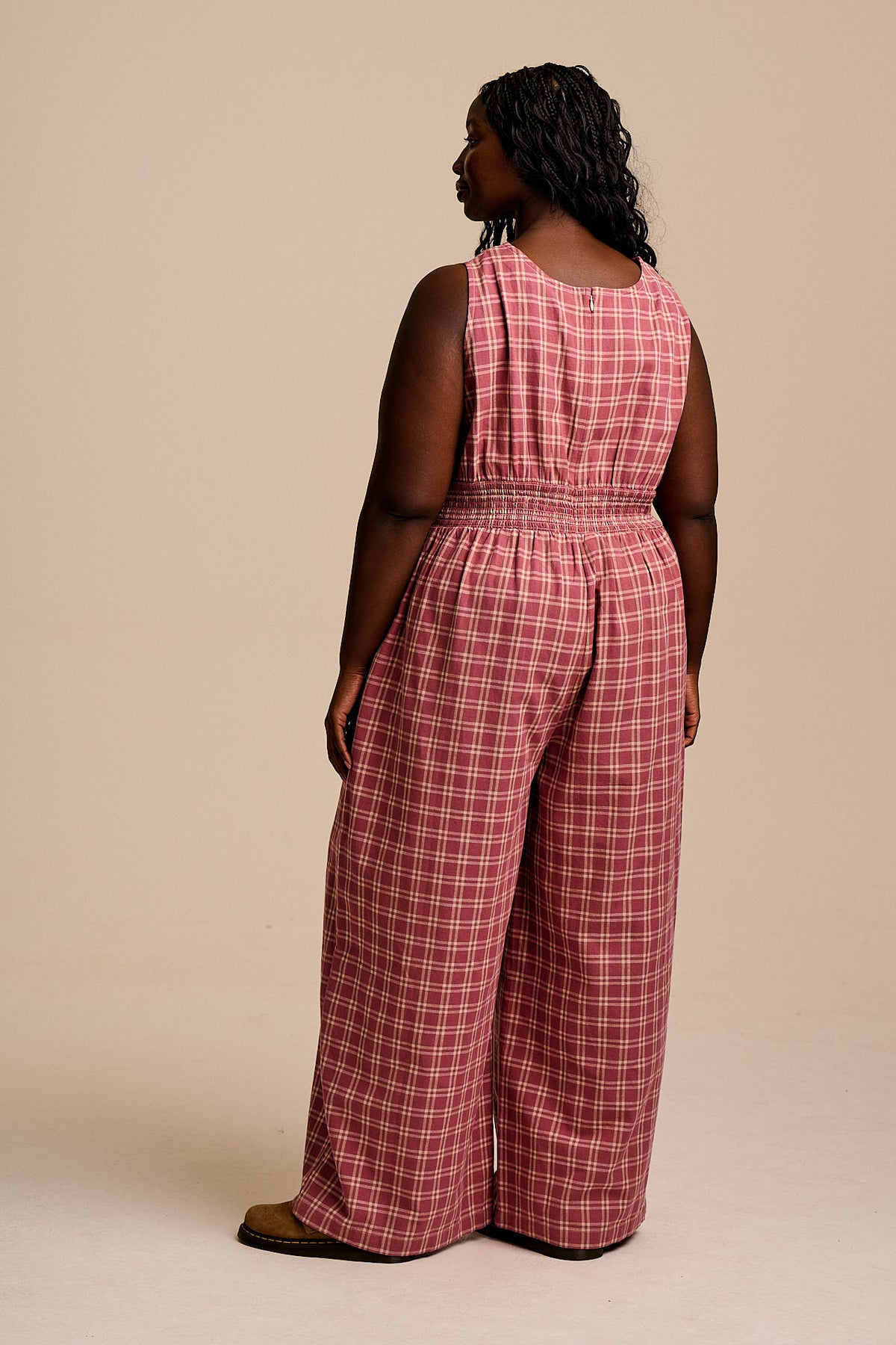 Simone - Wide Leg Jumpsuit Organic Cotton in Maroon Deco Rose Check