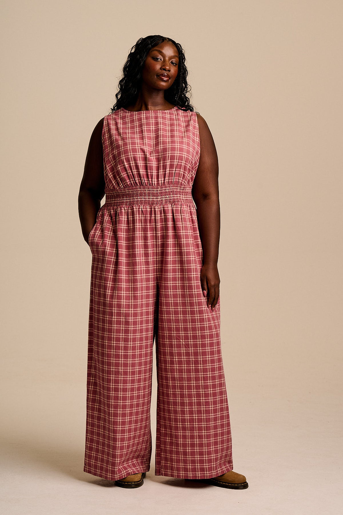 Simone - Wide Leg Jumpsuit Organic Cotton in Maroon Deco Rose Check