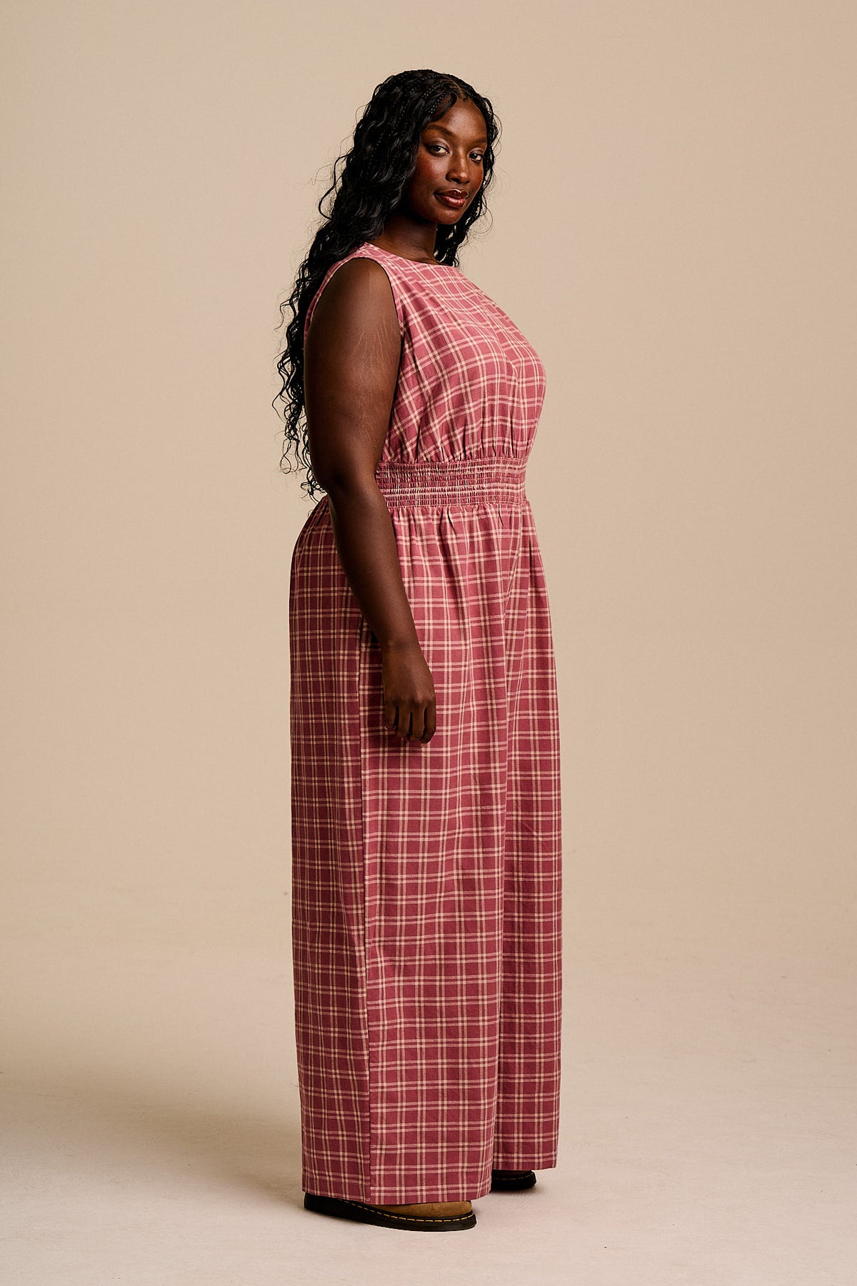 Simone - Wide Leg Jumpsuit Organic Cotton in Maroon Deco Rose Check