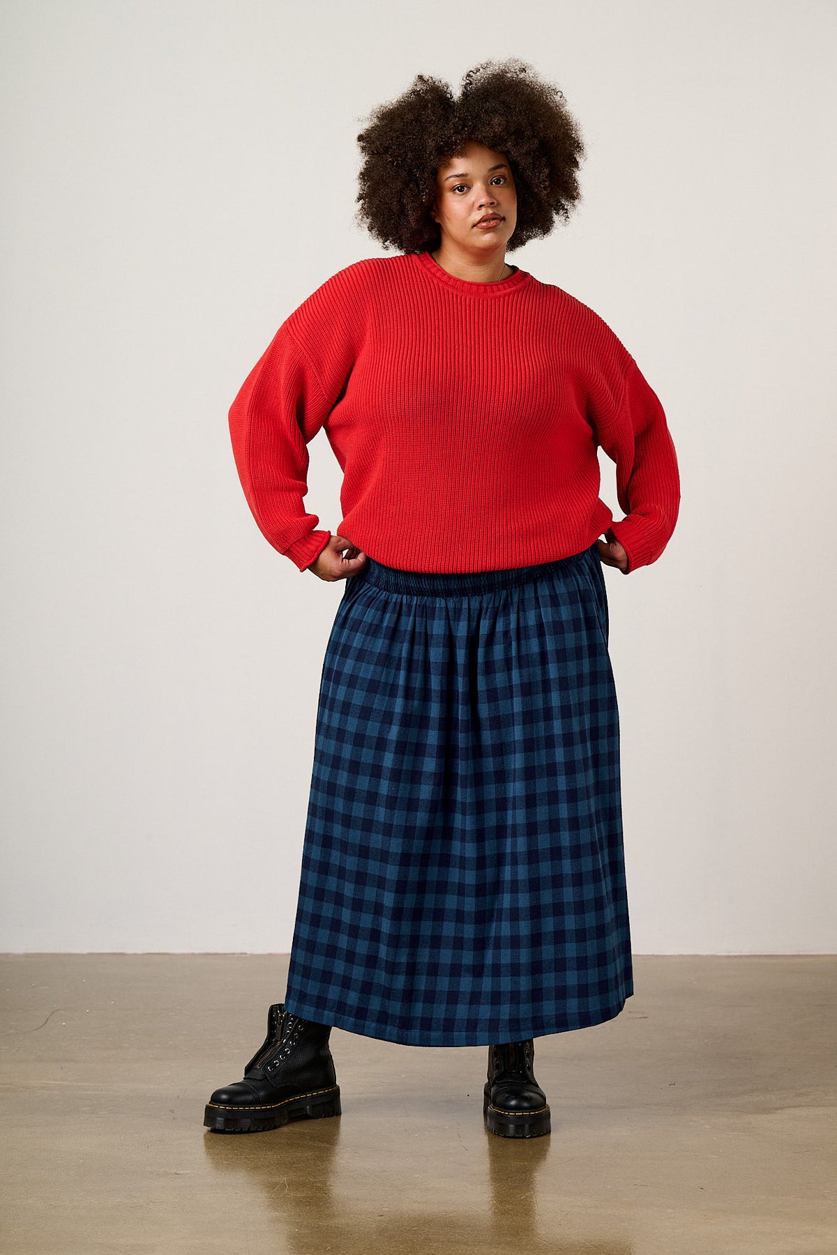 Sofiya - A-Line Midi Skirt Organic Brushed Cotton in Navy Sea Spray Check