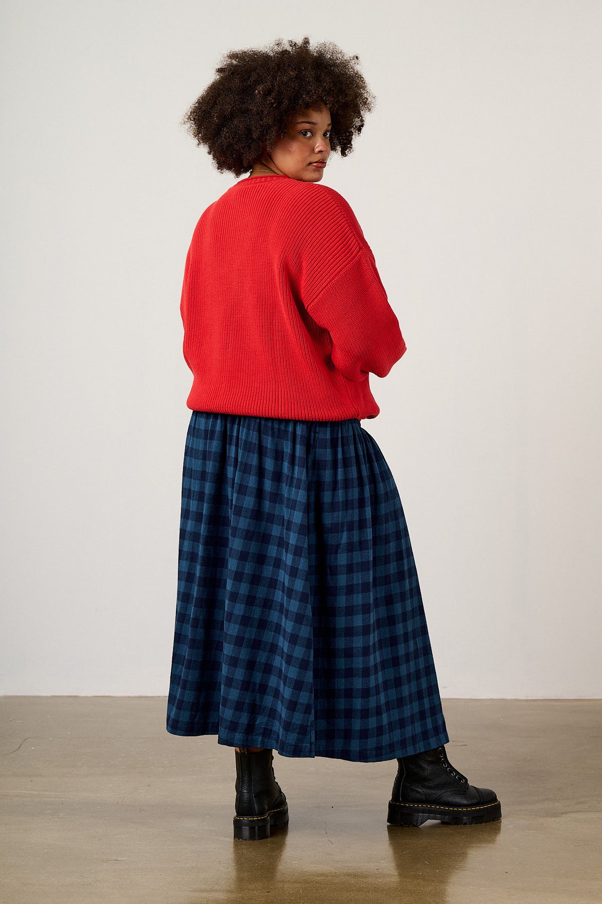 Sofiya - A-Line Midi Skirt Organic Brushed Cotton in Navy Sea Spray Check