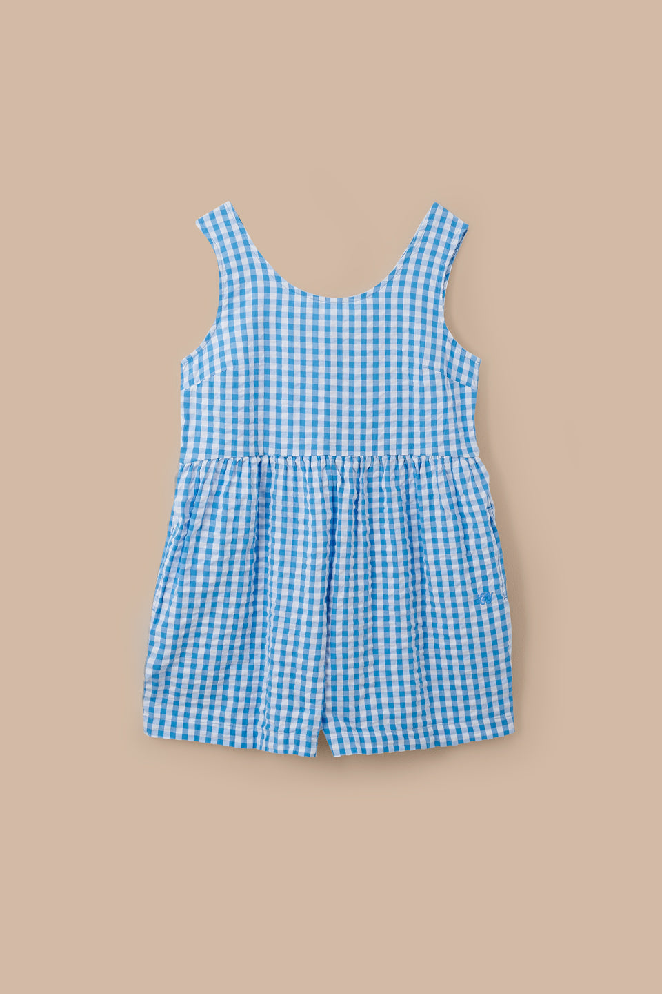 Alisa - Gathered Waist Playsuit Organic Cotton Seersucker in Blue Gingham
