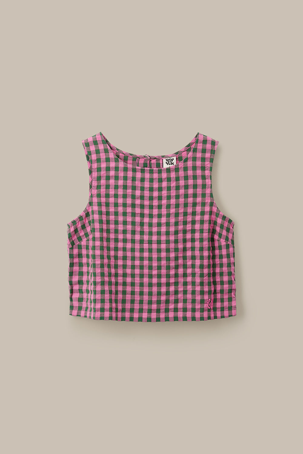 Arden - Shell Top Organic Cotton Seersucker in Pink & Green Check