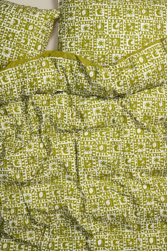 Yolanda - Duvet Cover Set Organic Cotton in Green Celestial Checkerboard