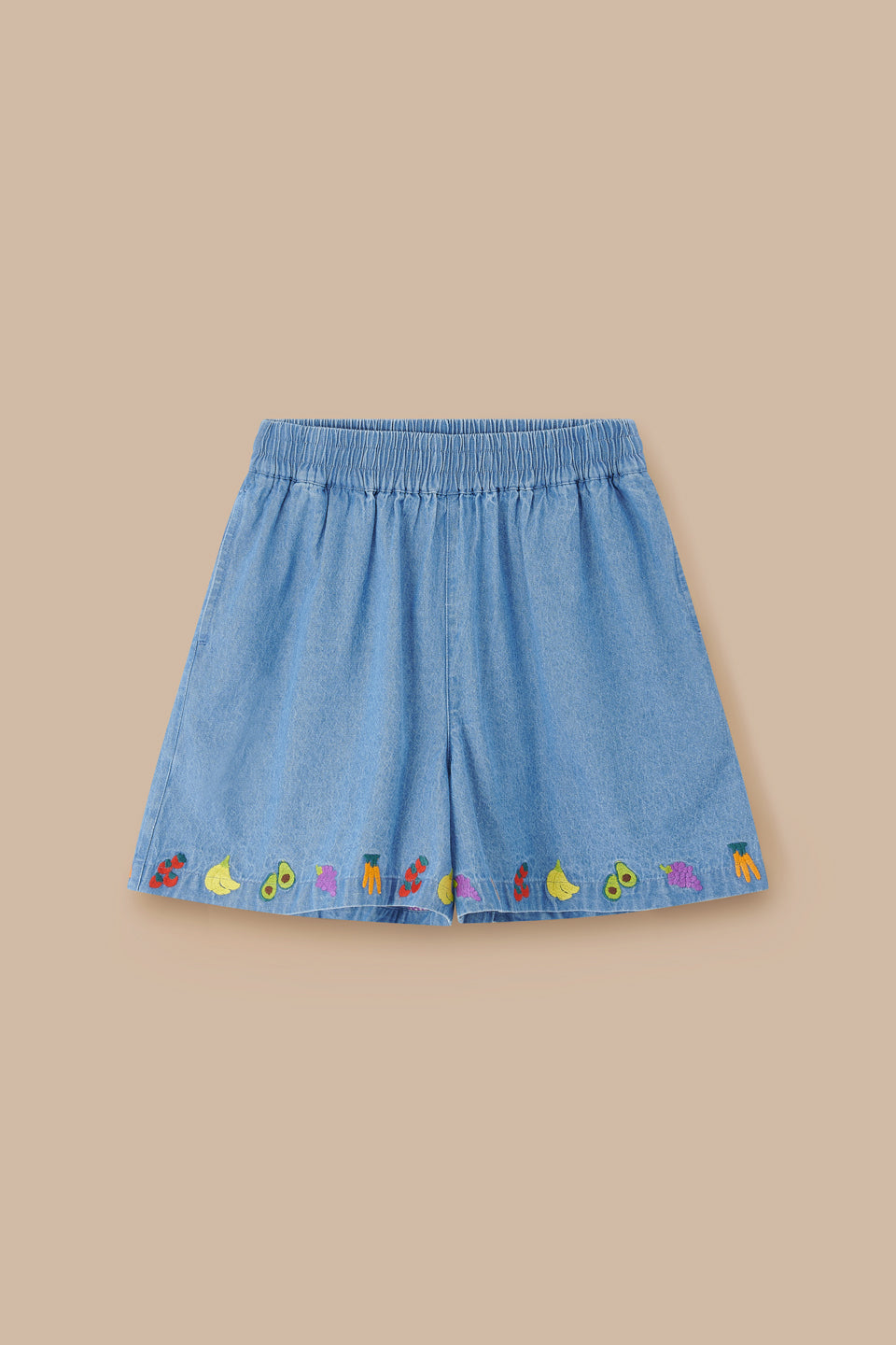 Charlie - Relaxed Shorts Organic Cotton in Light Blue with Veg Embroidery
