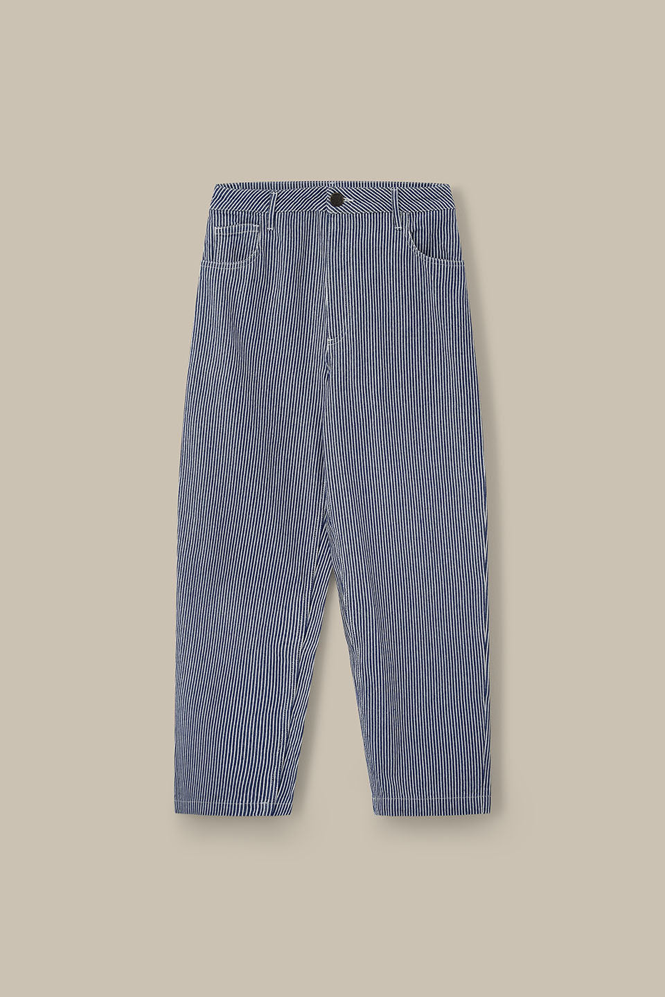 Drew - Cropped Straight Leg Trousers Organic Cotton in Navy Stripe