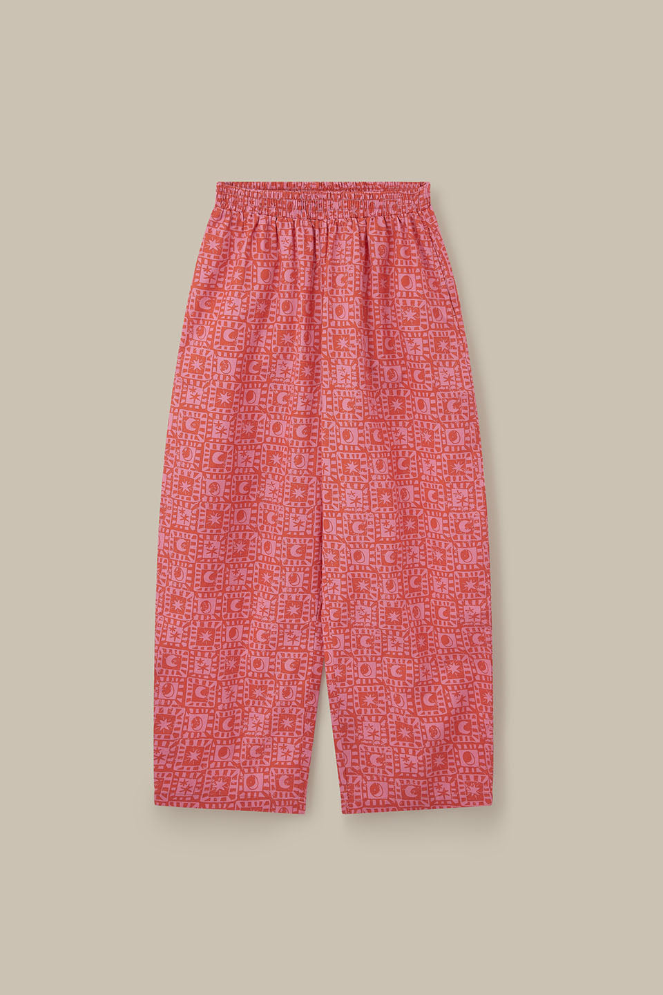 Freddie - Barrel Leg Trousers Organic Cotton in Pink & Red Lunar Checkerboard