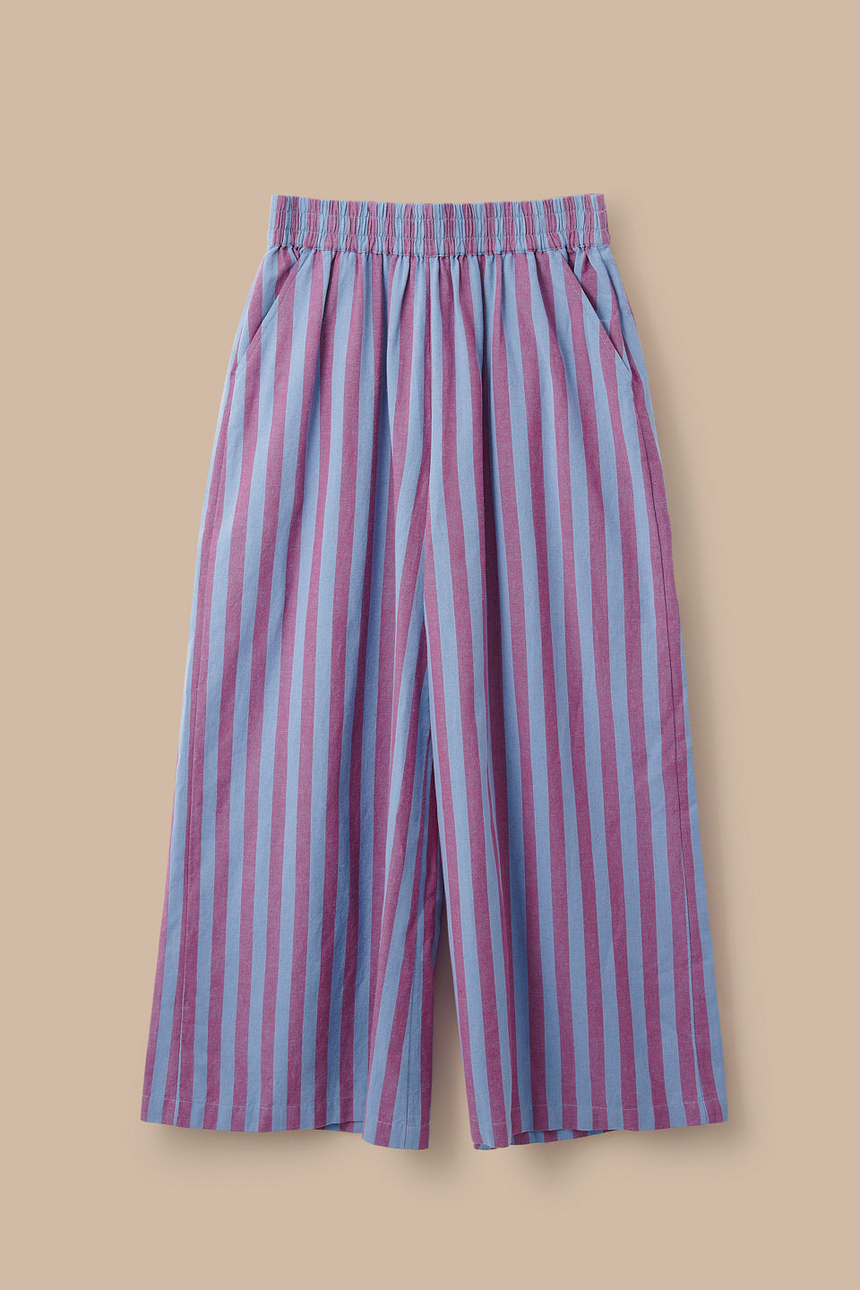 Maddie - Wide Leg Trousers - Organic Cotton in Burgundy & Blue Stripe