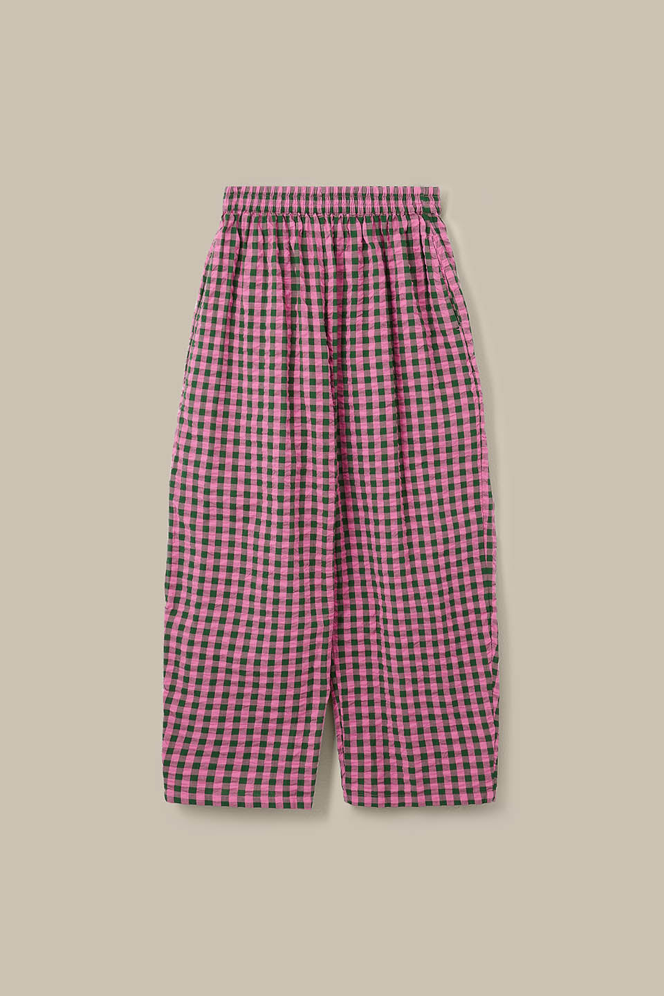 Freddie - Barrel Leg Trousers Organic Cotton Seersucker in Pink & Green Gingham