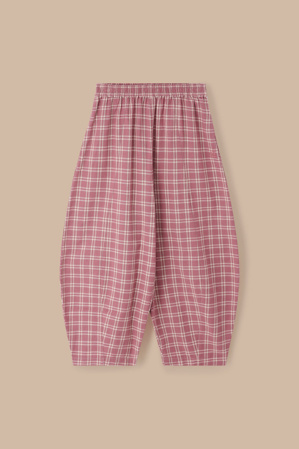 Obregon - Barrel Leg Trousers - Organic Cotton in Maroon Deco Rose Check