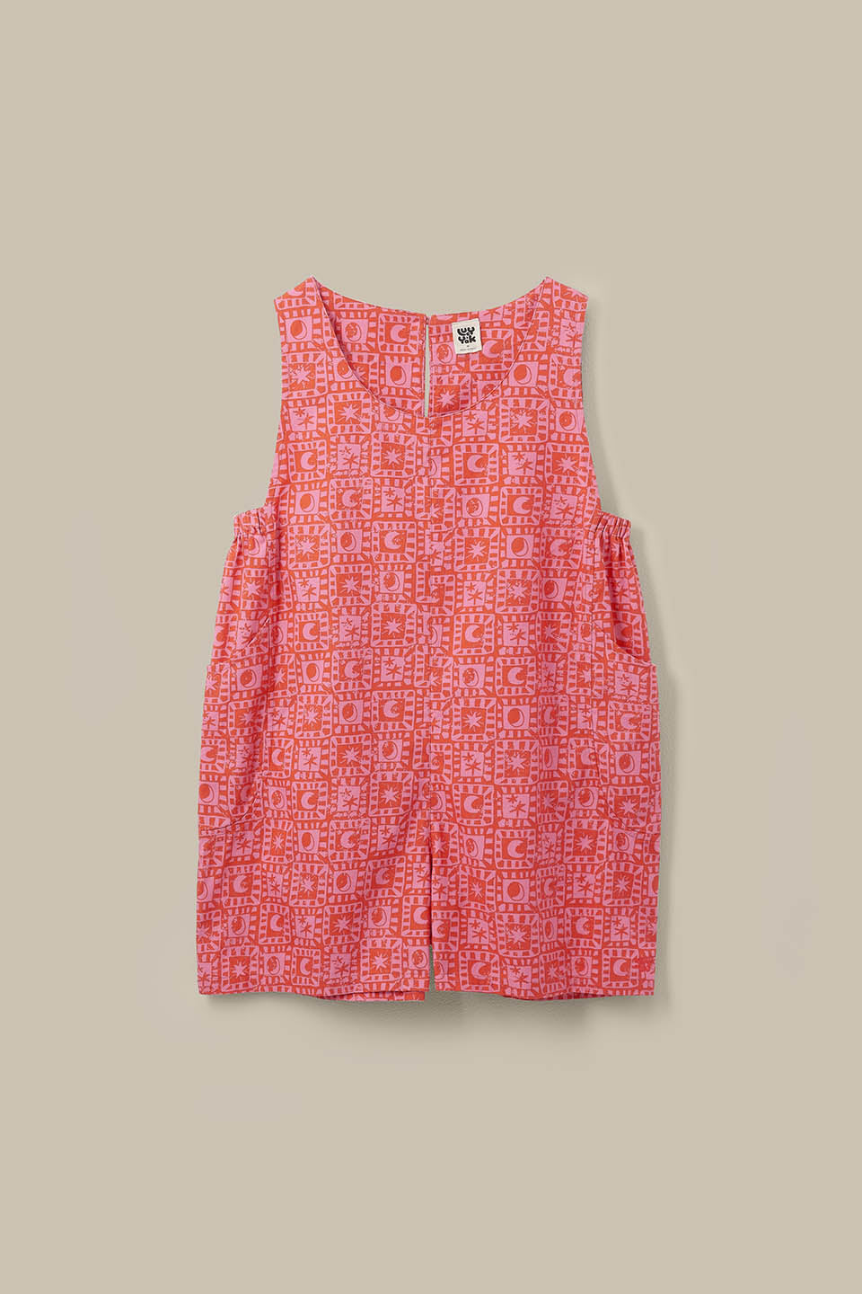 Zadie - Oversized Playsuit - Organic Cotton in Pink & Red Lunar Checkerboard