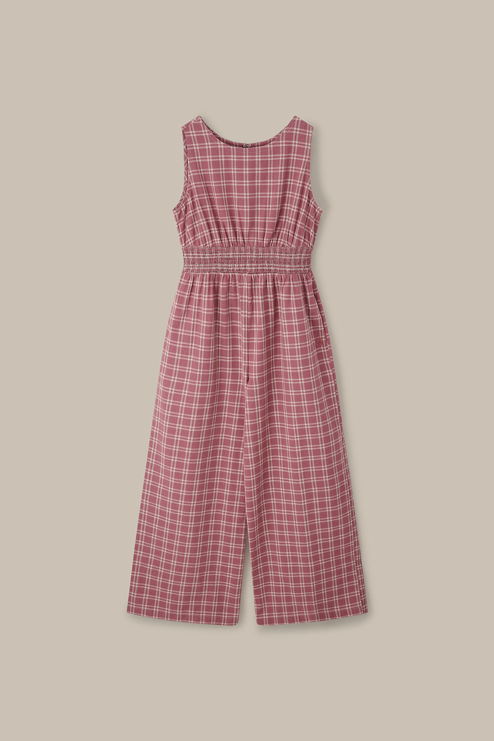 Simone - Wide Leg Jumpsuit Organic Cotton in Maroon Deco Rose Check