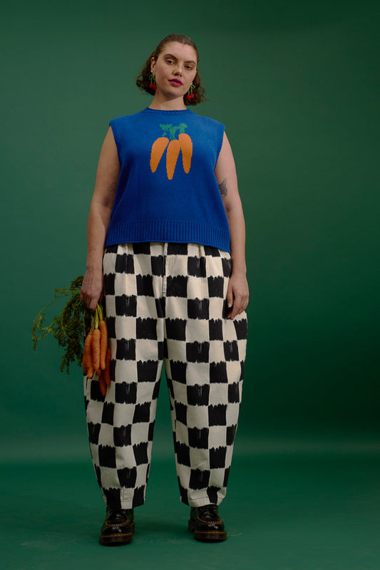 Ashby - Barrel Leg Trousers Organic Cotton in Black & Ecru Blurred Checkerboard