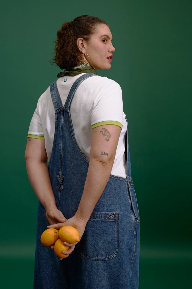 Toluca - Barrel Leg Dungarees Organic Cotton Denim in Vintage Wash