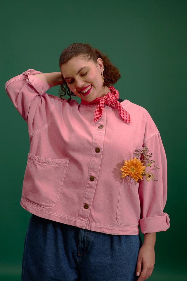 Amarante - Collarless Jacket Organic Cotton Denim in Pink Wash