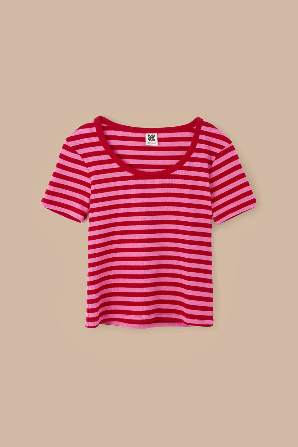 Vita - Scoop Neck T-Shirt Organic Cotton in Red & Pink Stripe
