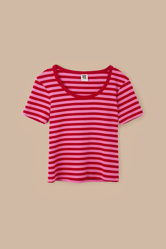 Vita - Scoop Neck T-Shirt Organic Cotton in Red & Pink Stripe