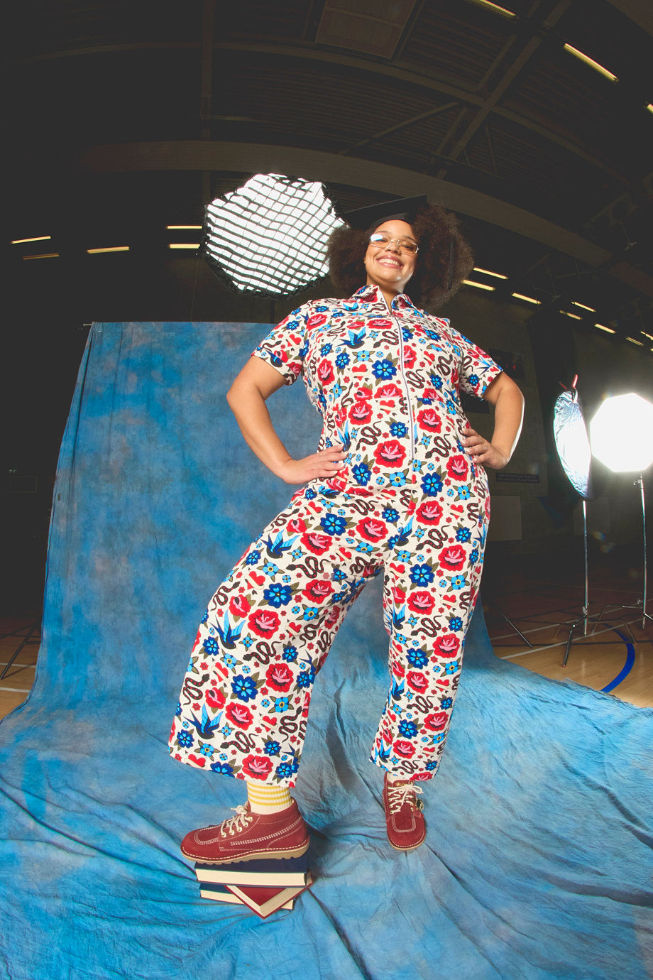 Ragan - Cropped Leg Jumpsuit Organic Cotton Twill in Multi Coloured Tattoo Print