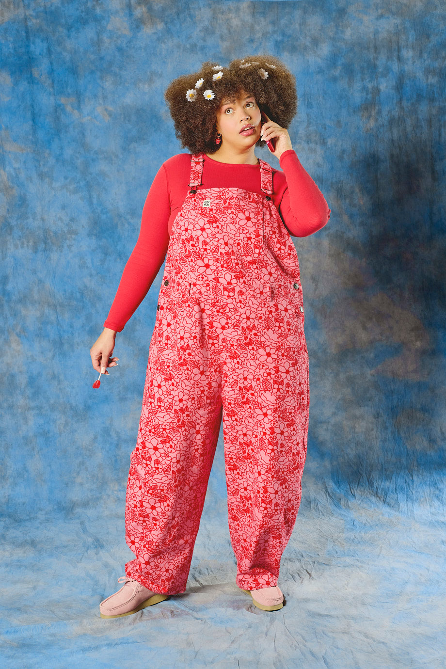 Toluca - Cotton Barrel Leg Dungarees in Pink & Red Kahlo Bloom