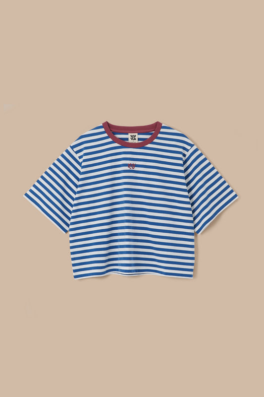 Zayla - Cropped Boxy T-Shirt Cotton in Navy & White Stripe
