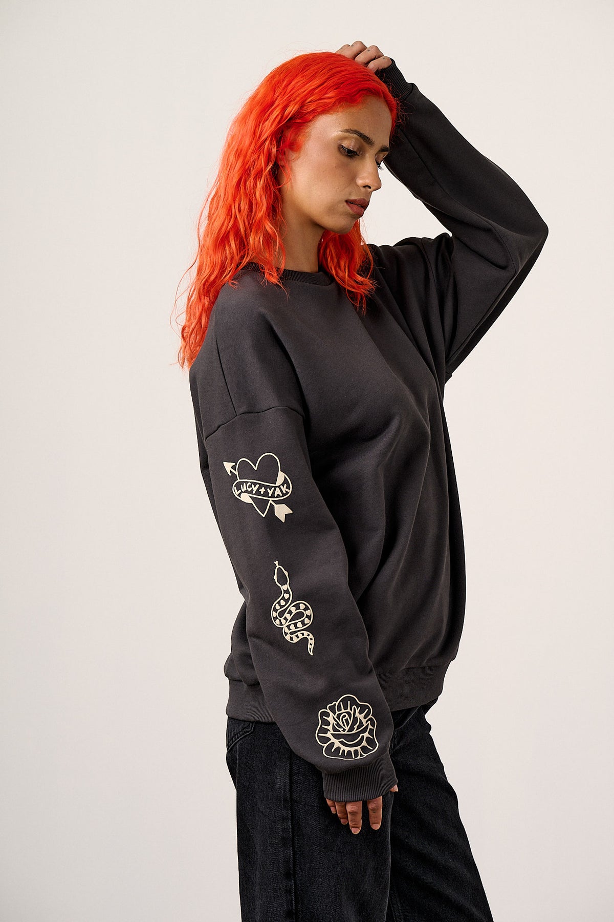 Sutton - Cotton Jersey Oversized Sweatshirt in Charcoal with Tattoo Printed Sleeves