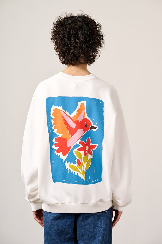 Sutton - Oversized Sweatshirt Organic Cotton in Ecru Birds & Flower Tile