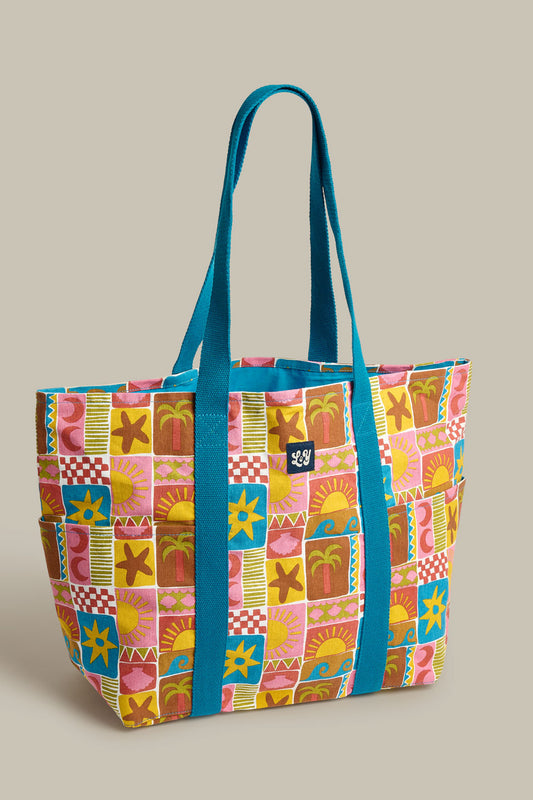 Teo - Cotton Beach Bag in Coastal Tile