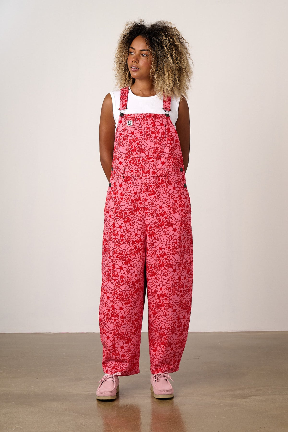 Toluca - Cotton Barrel Leg Dungarees in Pink & Red Kahlo Bloom