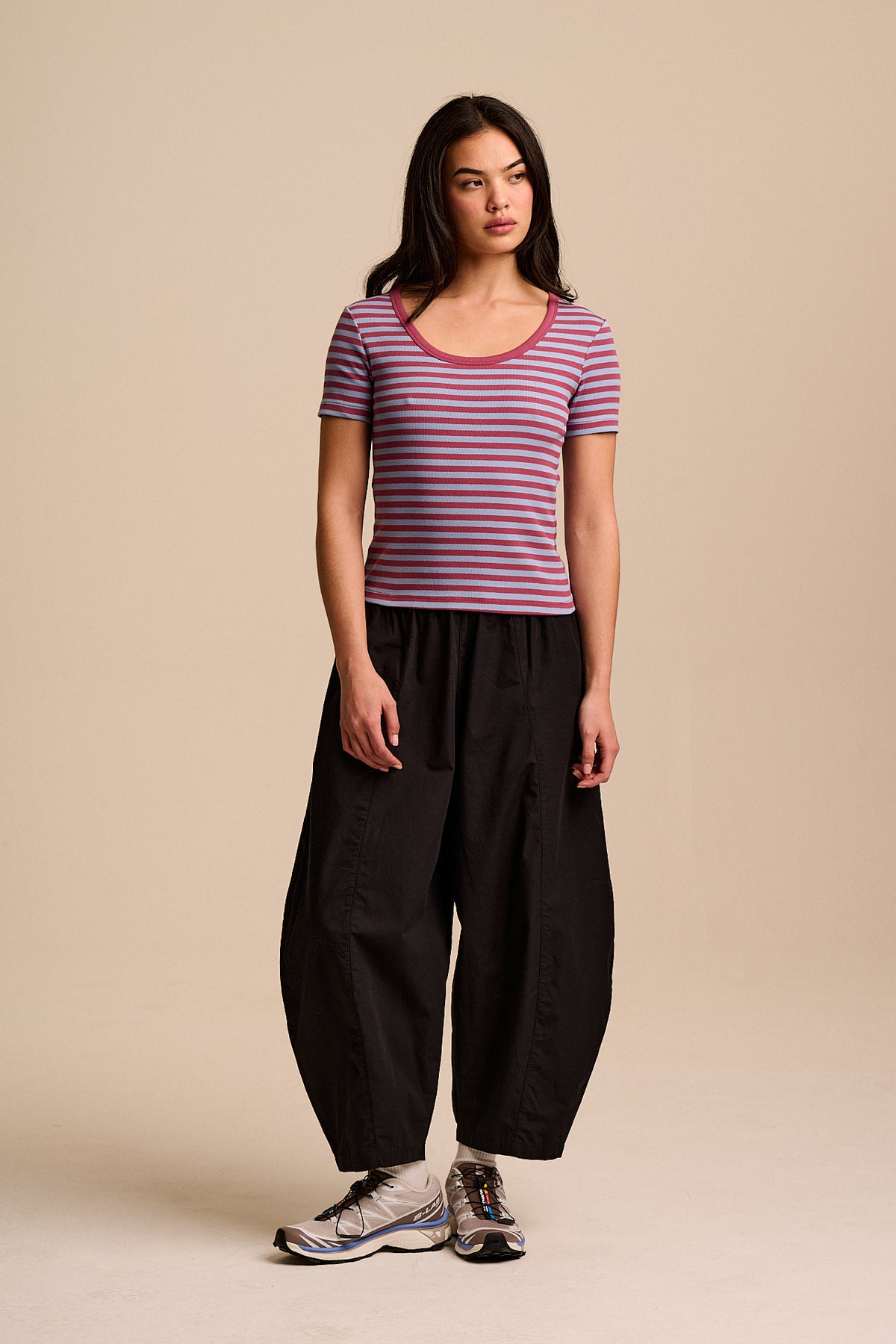 Vita - Scoop Neck T-Shirt Organic Cotton in Blue & Burgundy Stripe