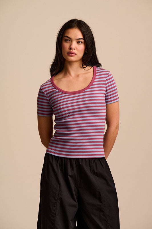 Vita - Scoop Neck T-Shirt Organic Cotton in Blue & Burgundy Stripe