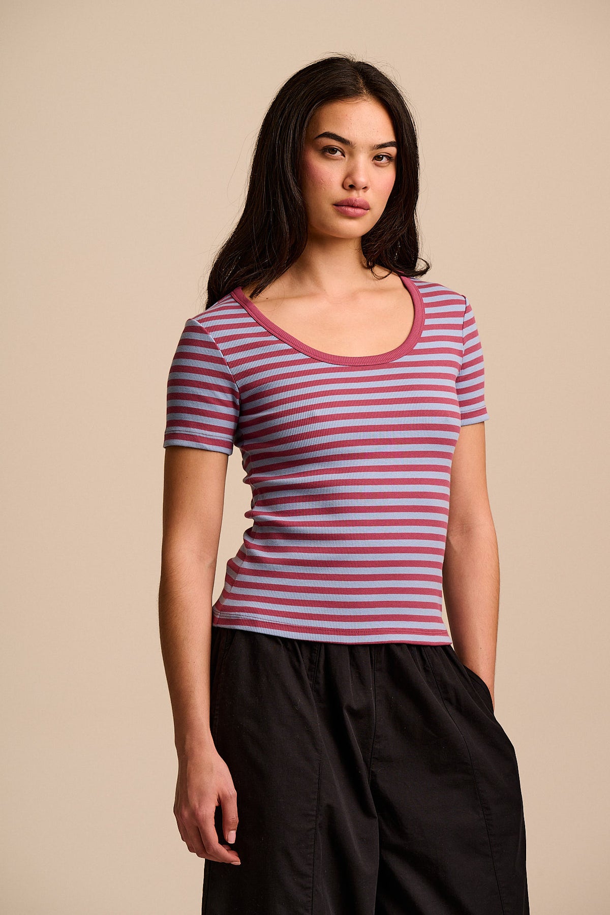 Vita - Scoop Neck T-Shirt Organic Cotton in Blue & Burgundy Stripe